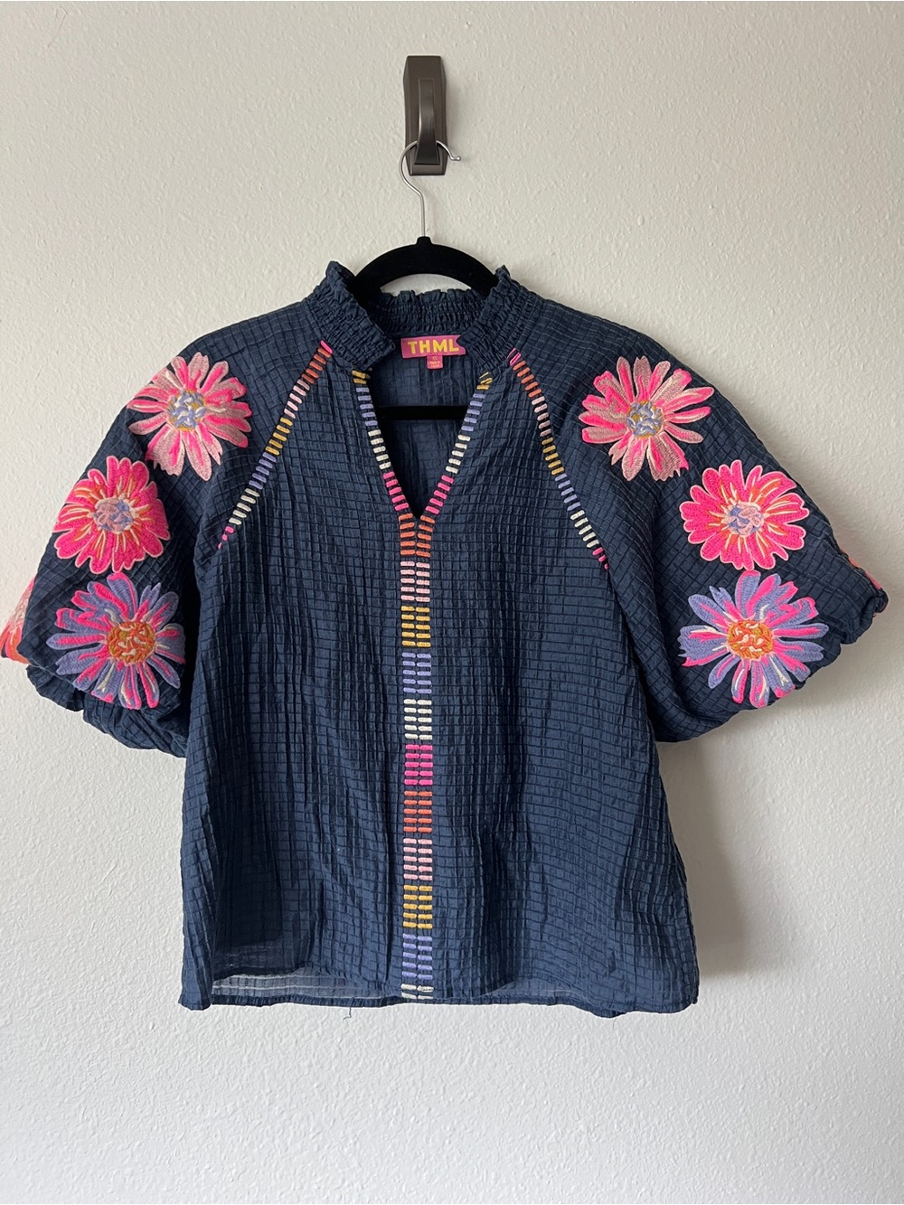 THML Floral Printed Embroidered Puff Sleeve Top
